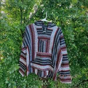 Mexican Poncho Hooded Sweater - Red, Black, White - Size Large 🇲🇽